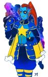  alternate_universe ambiguous_gender animal_humanoid armor cape clothing eye_patch eyewear fish fish_humanoid hair helmet humanoid marine outertale red_hair solo space star undertale undyne undyne_(outertale) unknown_artist video_games 