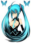  aqua_eyes aqua_hair bad_id bad_pixiv_id bare_shoulders between_breasts blue_eyes blue_hair breastless_clothes breasts bug butterfly daive hatsune_miku highres insect long_hair medium_breasts necktie nipples solo twintails vocaloid 