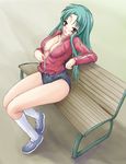  bench blush breasts cleavage green_hair large_breasts legs long_hair nipple_slip nipples parody solo suzumiya_haruhi_no_yuuutsu track_suit tsuruya unzipping yaranaika yo-jin 