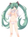  breasts cameltoe green_eyes green_hair hands hatsune_miku highres long_hair lowleg medium_breasts nipples open_mouth panties plus9 solo twintails underwear vocaloid 