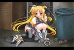  armor ass blonde_hair blush breasts fate_testarossa itachou large_breasts leotard long_hair lyrical_nanoha mahou_shoujo_lyrical_nanoha_strikers open_clothes open_shirt public red_eyes shirt solo thighhighs twintails 