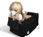  bag bangs barcode black_bag blonde_hair brown_eyes closed_mouth eyebrows_visible_through_hair gyup hair_between_eyes in_bag in_container long_hair looking_at_viewer nude original revision shadow simple_background smile solo tareme white_background 