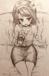  bangs blush buttons collared_shirt commentary_request couch cowboy_shot efukei eyebrows_visible_through_hair holding monochrome notice_lines open_mouth pencil_skirt shirt short_hair short_sleeves sitting skirt solo touhou traditional_media usami_renko 