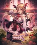  :o artist_request brown_hair cygames earrings eyebrows_visible_through_hair flower frilled_skirt frills hand_on_own_face head_wings high_heels jewelry long_hair looking_at_viewer official_art pointy_ears red_eyes rose shadowverse shingeki_no_bahamut skirt solo thorns vampire vampy 