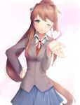  blown_kiss blue_skirt brown_hair commentary commission cowboy_shot doki_doki_literature_club english_commentary eyebrows_visible_through_hair green_eyes hair_ribbon hand_on_hip heart heart_in_eye highres long_hair looking_at_viewer monika_(doki_doki_literature_club) one_eye_closed pleated_skirt ponytail ribbon school_uniform skirt solo symbol_in_eye tsukimaru very_long_hair white_ribbon 