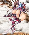  1girl armor boots bouncing_breasts breasts brown_eyes brown_hair curvy dust female full_body gun huge_breasts leotard lilith-soft long_hair looking_at_viewer nipples partially_visible_vulva shiny shiny_skin taimanin_asagi_battle_arena tana_(garyuh-chitai) thalia_henderson thong_leotard weapon 