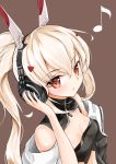  absurdres adjusting_headphones ayanami_(azur_lane) azur_lane bangs breasts brown_eyes cleavage commentary_request from_above headphones highres limitlimlim long_hair looking_at_viewer looking_up musical_note parted_lips ponytail remodel_(azur_lane) silver_hair simple_background solo 