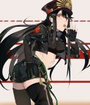  belt black_hair black_jacket black_legwear boots breasts candy family_crest fate/grand_order fate_(series) fingerless_gloves food gloves hand_on_hip jacket leather leather_jacket lollipop long_hair looking_at_viewer marchab_66 midriff nail_polish oda_nobunaga_(fate) oda_uri pink_nails red_eyes short_shorts shorts solo sports_bra studded_jacket thigh_boots thighhighs very_long_hair 