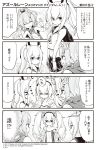  4koma :d ayanami_(azur_lane) azur_lane bangs comic commentary crown greyscale hair_ornament hairpin headgear highres holding_hands hori_(hori_no_su) javelin_(azur_lane) laffey_(azur_lane) long_hair mini_crown monochrome multiple_girls navel official_art open_mouth pleated_skirt ponytail scarf school_uniform serafuku skirt smile speech_bubble translated twintails 