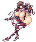  1girl armor boots bouncing_breasts breasts brown_eyes brown_hair curvy female full_body gun huge_breasts leotard lilith-soft long_hair looking_at_viewer nipples partially_visible_vulva shiny shiny_skin simple_background solo taimanin_asagi_battle_arena tana_(garyuh-chitai) thalia_henderson thong_leotard weapon white_background 
