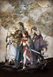  4girls absurdres alfyn_(octopath_traveler) blonde_hair boots brown_hair cyrus_(octopath_traveler) dancer earrings everyone gloves h'aanit_(octopath_traveler) hair_over_one_eye hat highres hoop_earrings ikusy jewelry map midriff mole mole_under_mouth multiple_boys multiple_girls octopath_traveler official_art olberic_eisenberg ophilia_(octopath_traveler) poncho primrose_azelhart sandals scar scarf serious smile square_enix staff sword tail therion_(octopath_traveler) tressa_(octopath_traveler) walking weapon world_map 