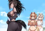  :d alternate_breast_size animal_ears ass bare_shoulders black_hair black_pants black_sports_bra blonde_hair blue_sky blush bow braid breasts bridle brown_eyes brown_hair brown_sports_bra brown_thoroughbred_(kemono_friends) buruma chestnut_thoroughbred_(kemono_friends) cleavage closed_mouth cloud collarbone commentary_request day detached_sleeves elbow_gloves extra_ears fingerless_gloves gloves hair_bow hand_on_another's_shoulder horizontal_pupils horse_ears horse_girl horse_tail japan_racing_association kemono_friends large_breasts leaning_forward long_hair long_sleeves looking_at_viewer multicolored_hair multiple_girls navel o-ring open_mouth outdoors pants pantyhose pink_bow sagging_breasts short_hair sideboob single_braid single_vertical_stripe skindentation sky smile sports_bra sportswear stomach strap_gap streaked_hair sweatband tail tight tight_pants tsukasawa_takamatsu twisted_torso white_hair white_sports_bra white_thoroughbred_(kemono_friends) 