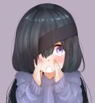  :o absurdres bangs black_hair blush fate/grand_order fate_(series) hair_over_one_eye hand_to_own_mouth hands_up highres hood hood_down hoodie long_hair long_sleeves looking_at_viewer mochizuki_chiyome_(fate/grand_order) open_mouth purple_background purple_eyes purple_hoodie simple_background sleeves_past_wrists solo tanuki_(siutkm0228) very_long_hair 