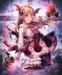  :d artist_request bat brown_hair cygames earrings eyebrows_visible_through_hair fang flower frilled_skirt frills hair_ornament hand_on_own_face head_wings high_heels jewelry long_hair looking_at_viewer official_art one_eye_closed open_mouth pointy_ears red_eyes rose shadowverse shingeki_no_bahamut skirt smile solo thorns vampire vampy 