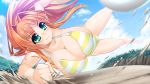  1girl ball bare_arms bare_legs bare_shoulders bikini breasts closed_mouth clouds cloudy_sky feet floating_hair game_cg gluteal_fold green_eyes groin highres huge_breasts kouhosu_gishin legs long_hair on_side orange_hair outdoors playing pointy_ears sand sangoku_hime sangoku_hime_3 shiny shiny_skin sky smile solo striped striped_bikini thighs unicorn-a 