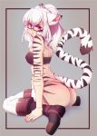  animal_humanoid beige_skin black_fur blush boots breasts butt clothed clothing eyewear feline female footwear fur glasses hair humanoid lucine_eilatris mammal panties purple_eyes simple_background skimpy solo stripes suelix tiger tube_top underwear white_fur white_hair white_tiger 