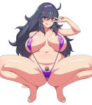  1girl ahoge al_bhed_eyes areola_slip areolae bad_anatomy bad_perspective bad_proportions black_hair blue_eyes blush breasts erect_nipples hairband hex_maniac_(pokemon) huge_breasts kaitasuku large_breasts long_hair looking_at_viewer messy_hair npc_trainer plump pokemon pokemon_(game) pokemon_xy poorly_drawn pubic_hair sagging_breasts simple_background slingshot_swimsuit solo squatting thick_thighs tongue tongue_out v white_background 