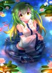  absurdres animal arm_under_breasts blue_skirt blurry blurry_background breast_hold breasts closed_mouth commentary english_commentary fish flower frog frog_hair_ornament green_hair hair_ornament highres kochiya_sanae large_breasts lily_pad long_hair looking_at_viewer midriff outdoors skirt snake_hair_ornament solo sparkle standing tears touhou wading water wet wet_clothes wet_hair white_flower wing_collar xereane yellow_eyes 