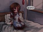  amputee bed blood bloody_clothes blue_dress brown_hair closed_eyes dress frilled_shirt_collar frills guro hair_ornament hairclip hairpin hospital_bed indoors intravenous_drip original ray-k short_dress short_hair short_sleeves sitting solo translated 