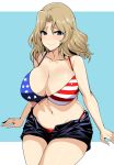  american_flag_bikini arms_at_sides bangs bare_arms bare_shoulders bikini black_shorts blonde_hair blue_eyes blush breasts closed_mouth collarbone flag_print girls_und_panzer highres invisible_chair kay_(girls_und_panzer) koujun_(mugenzero) large_breasts long_hair navel parted_bangs raised_eyebrows shiny shiny_hair short_shorts shorts sitting skindentation smile solo stomach sweat swimsuit two-tone_background wet 