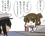  1girl admiral_(kantai_collection) anchor_symbol black_hair blush_stickers brown_eyes brown_hair chibi comic commentary_request computer desk folded_ponytail goma_(gomasamune) hair_between_eyes hat highres inazuma_(kantai_collection) kantai_collection laptop long_sleeves neckerchief peaked_cap school_uniform serafuku sitting smile thought_bubble translation_request white_background 