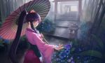  backlighting bangs blunt_bangs breasts commentary_request flower from_behind hakama highres hip_vent japanese_clothes koutetsujou_no_kabaneri long_hair looking_at_viewer looking_back nfb-zmc oriental_umbrella outstretched_hand petals pink_eyes ponytail purple_hair rain sidelocks solo torii umbrella very_long_hair wide_sleeves yomogawa_ayame 