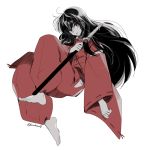  barefoot black_hair buruburu18 feet full_body highres holding holding_sheath inuyasha inuyasha_(character) japanese_clothes katana long_hair male_focus parted_lips sheath solo sword very_long_hair weapon white_background wide_sleeves 