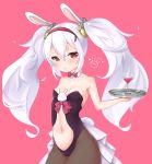  animal_ears azur_lane bangs bare_shoulders black_legwear black_leotard blush bow bowtie breasts bunny_ears bunny_girl bunnysuit collarbone commentary_request cup detached_collar drinking_glass eyebrows_visible_through_hair hair_between_eyes hair_ornament hairband holding holding_tray laffey_(azur_lane) leotard long_hair medium_breasts navel panties parted_lips pink_background pink_bow pink_neckwear red_eyes red_hairband shiruko27anko silver_hair simple_background solo strapless strapless_leotard tray twintails underwear very_long_hair white_collar 