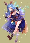  animal_ears bangs black_gloves black_legwear blue_cape blue_footwear blue_hair blue_skirt blush brown_eyes cape closed_mouth commentary_request ear_piercing erune ferry_(granblue_fantasy) full_body fur-trimmed_gloves fur-trimmed_legwear fur_trim gloves gradient_hair granblue_fantasy high-waist_skirt highres leaning_forward long_hair looking_at_viewer multicolored_hair neckerchief piercing purple_hair red_neckwear shiosoda shirt shoes skirt sleeveless sleeveless_shirt smile solo standing standing_on_one_leg star very_long_hair wavy_hair white_shirt 