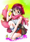  2016 adjusting_eyewear blue_ribbon brown_eyes corset floral_print full_body glasses hair_ribbon highres japanese_clothes kimono koutetsujou_no_kabaneri looking_at_viewer marufuji_hirotaka miniskirt mumei_(kabaneri) one_knee pink_scarf pleated_skirt red_hair red_ribbon red_skirt ribbon scarf semi-rimless_eyewear short_hair sketch skirt sleeveless sleeveless_kimono solo torn_scarf under-rim_eyewear white_kimono white_legwear 