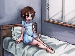  bed blue_dress brown_hair commentary_request dress frilled_shirt_collar frills hair_ornament hairclip hairpin hospital_bed indoors original ray-k short_dress short_hair short_sleeves sitting solo 