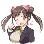  ;d animal_ears black_jacket blush cat_ears cropped_torso eyebrows_visible_through_hair fake_animal_ears hair_bun hairband head_tilt heart idolmaster idolmaster_shiny_colors jacket kibihimi long_hair long_sleeves looking_at_viewer neck_ribbon one_eye_closed open_clothes open_jacket open_mouth orange_eyes paw_pose ribbon school_uniform simple_background smile solo sonoda_chiyoko tareme twintails upper_body v-neck white_background white_hairband yellow_neckwear yellow_ribbon 