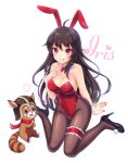  animal_ears bangs bare_shoulders black_footwear black_hair black_legwear breasts bunny_ears bunnysuit detached_collar full_body high_heels highres iris_yuma large_breasts leotard long_hair looking_at_viewer nail_polish pantyhose red_leotard red_nails shoes simple_background sitting smile solo sonko1015 soul_worker wariza white_background wrist_cuffs 