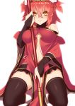  alternate_hairstyle black_legwear blush breasts center_opening chinese_clothes cosplay eyebrows_visible_through_hair fate/grand_order fate_(series) flower fujimaru_ritsuka_(female) hair_between_eyes hair_flower hair_ornament hair_ribbon holding looking_at_viewer medium_breasts orange_hair ribbon rkp seiza short_hair simple_background sitting skirt solo sun_wukong sun_wukong_(cosplay) thighhighs two_side_up white_background wide_sleeves yellow_eyes 