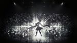  absurdly_long_hair arm_up backlighting boots bow detached_sleeves dress facing_away from_behind hair_ornament hatsune_miku highres holding knee_boots layered_dress legs_apart lengchan_(fu626878068) light light_particles long_hair long_sleeves magical_mirai_(vocaloid) megaphone microphone_stand muted_color outstretched_arm reflection solo spotlight standing thighhighs twintails very_long_hair vocaloid water wide_shot 