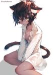  animal_ears bangs blush breasts brown_hair cat_ears cat_girl cat_tail closed_mouth collarbone commentary_request dress_shirt ears_down feet_out_of_frame hair_between_eyes jpeg_artifacts long_sleeves looking_at_viewer mole mole_on_breast naked_shirt original partially_unbuttoned shadow shirt short_hair simple_background sitting small_breasts solo suzuho_hotaru tail twitter_username v_arms white_background white_shirt wing_collar yellow_eyes yokozuwari 