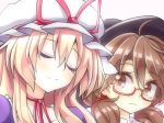  aki_chimaki blonde_hair brown_eyes brown_hair closed_eyes commentary_request glasses hat hat_ribbon low_twintails mob_cap multiple_girls neck_ribbon red-framed_eyewear ribbon smile touhou twintails upper_body usami_sumireko yakumo_yukari 