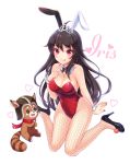  animal_ears bangs bare_shoulders black_footwear black_hair breasts bunny_ears bunnysuit detached_collar fishnet_legwear fishnet_pantyhose fishnets full_body high_heels highres iris_yuma large_breasts leotard long_hair looking_at_viewer nail_polish pantyhose red_leotard red_nails shoes simple_background sitting smile solo sonko1015 soul_worker tiara wariza white_background wrist_cuffs 