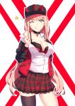  baseball_cap black_bra black_legwear blue_eyes bow bow_bra bra breasts choker darling_in_the_franxx earrings hat highres hoop_earrings horns jewelry lace lace-trimmed_bra long_hair looking_at_viewer mismatched_legwear off_shoulder one_eye_closed pink_hair plaid plaid_skirt red_bow red_bra single_thighhigh skirt smile solo thighhighs underwear violetsang zero_two_(darling_in_the_franxx) 