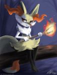  2018 3_fingers 3_toes braixen female fire front_view john_joseco looking_at_viewer nintendo outside pok&eacute;mon pok&eacute;mon_(species) red_eyes signature sitting solo stick toes url video_games 