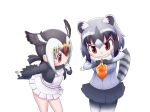  animal_ears atlantic_puffin_(kemono_friends) bare_legs bird_tail bird_wings black_hair blonde_hair blush breast_pocket chips clenched_teeth commentary common_raccoon_(kemono_friends) depaken elbow_gloves extra_ears eyebrows_visible_through_hair finger_in_mouth food fur_collar gloves grey_hair head_wings jacket japari_chips kemono_friends multicolored_hair multiple_girls necktie pantyhose pleated_skirt pocket puffy_short_sleeves puffy_sleeves raccoon_ears raccoon_tail red_hair scarf short_hair short_sleeves skirt struggling sweater tail teeth white_hair wings 