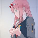  akagi_(fmttps) alternate_costume bangs blunt_bangs blush breasts cleavage closed_mouth darling_in_the_franxx from_side half-closed_eyes horns long_hair military military_uniform pink_hair solo undressing uniform upper_body zero_two_(darling_in_the_franxx) 