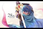  anniversary armor blue_eyes blue_hair cape falchion_(fire_emblem) fire_emblem fire_emblem:_monshou_no_nazo gloves highres looking_at_viewer male_focus marth nakabayashi_zun short_hair simple_background smile solo sword tiara weapon 