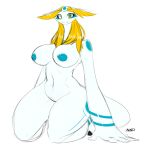  2015 aijou anthro athletic averyshadydolphin big_breasts blonde_hair blue_markings blue_nipples breasts digital_media_(artwork) dragon erect_nipples female hair hi_res jou long_ears long_hair looking_at_viewer markings navel nipples nude on_ground pussy simple_background smile solo tall thick_thighs white_background white_skin yellow_eyes 