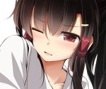  bangs black_hair blush collarbone eyebrows_visible_through_hair eyelashes eyes_visible_through_hair hair_between_eyes hair_ornament hair_tubes hairclip hakurei_reimu japanese_clothes kimono looking_away nose one_eye_closed open_mouth parted_lips ponytail red_eyes sidelocks simple_background solo tongue touhou toyosaki_shu upper_body white_background white_kimono yukata 