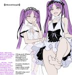  2girls barefoot bullying english euryale fate/grand_order fate/hollow_ataraxia fate_(series) feet headdress long_hair looking_at_viewer multiple_girls no_panties one_leg_raised open_mouth panties parted_lips purple_eyes purple_hair purple_panties pussy see-through sisters skirt_lift smile smug soles stheno tagme text third-party_edit toes translated twins twintails 