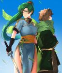  1girl earrings fingerless_gloves fire_emblem fire_emblem:_rekka_no_ken gloves green_eyes green_hair high_ponytail jewelry long_hair looking_at_viewer lyndis_(fire_emblem) ormille ponytail side_slit smile tactician_(fire_emblem) 