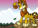  2005 3_toes 4:3 ambiguous_gender black_stripes cliff countershading detailed_background digital_media_(artwork) feral fur leave mammal mane neopets official_art ogrin open_mouth orange_mane outside standing striped_fur stripes toes unknown_artist yellow_eyes yellow_fur 