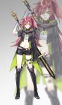  asymmetrical_sleeves belt black_choker black_footwear black_jacket boots choker commentary_request contrapposto dagger dual_wielding green_eyes grey_background highres holding holding_dagger holding_sword holding_weapon jacket kangetsu_(fhalei) knee_boots legs_apart long_hair long_sleeves looking_at_viewer o-ring one_side_up original red_hair reverse_grip short_shorts shorts smile solo standing sword weapon weapon_on_back zoom_layer 