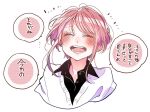  bangs black_shirt blush closed_eyes collared_shirt facing_viewer open_mouth original pink_hair shirt short_hair shunsuke sidelocks simple_background solo speech_bubble translation_request upper_body white_background 